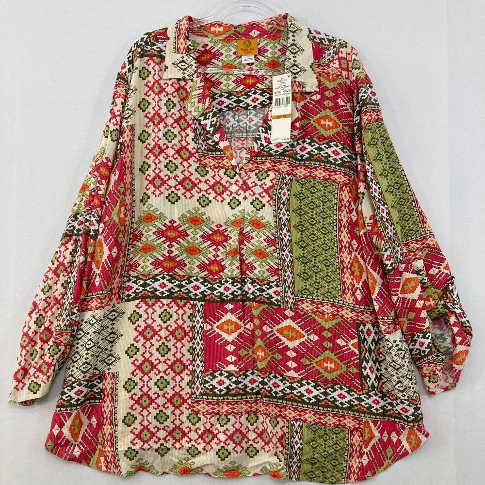 New Ruby Rd. size 3X Colorful Rolled Sleeve Ultra Soft Boho Festival Relaxed Top